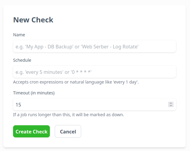 Screenshot of creating a new monitor in Cronivore