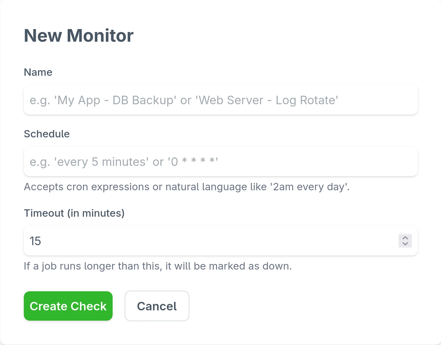 Screenshot of creating a new monitor in Cronivore