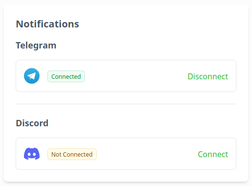 Screenshot of notification settings for Email, Telegram, and Discord