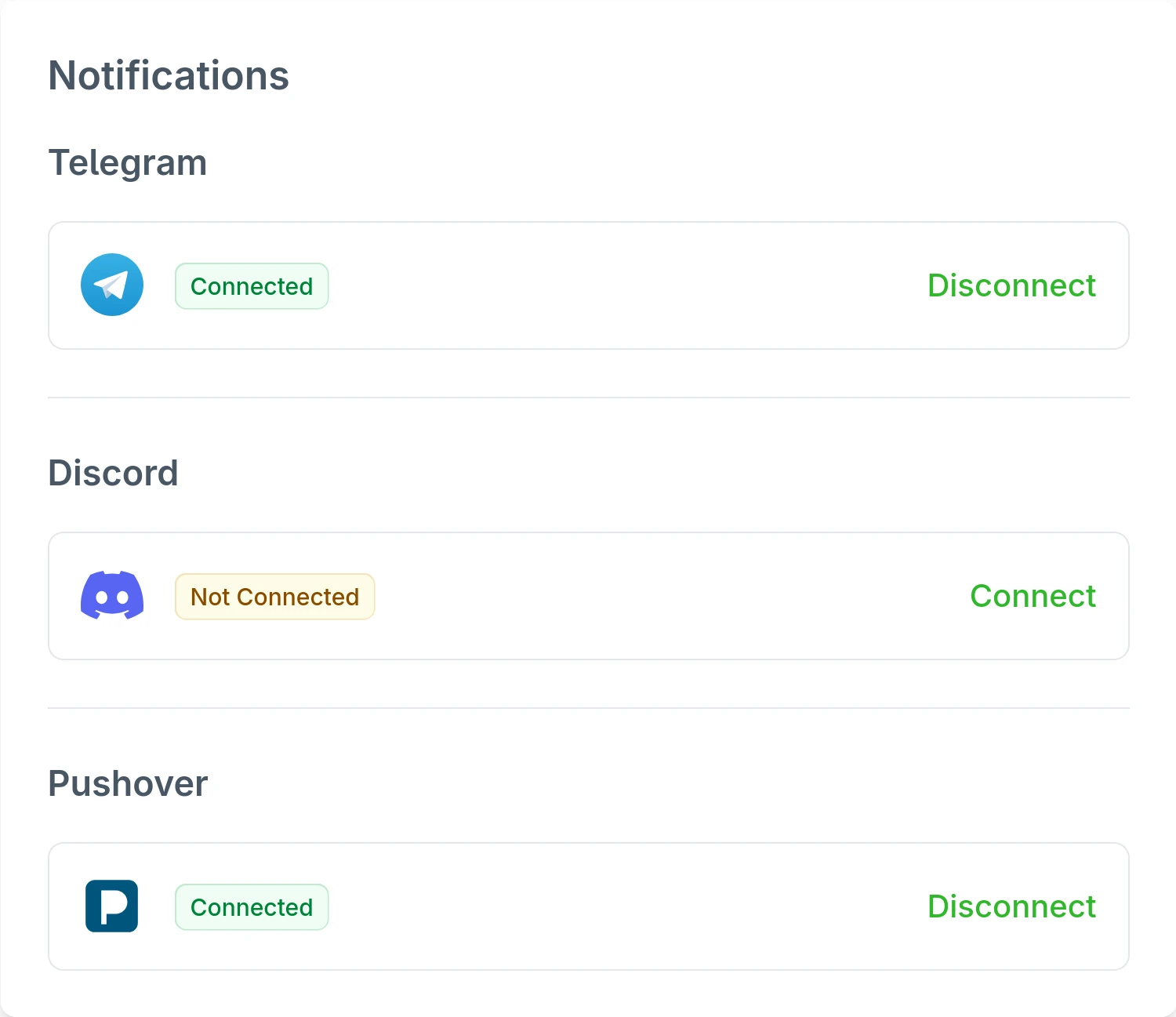 Screenshot of notification settings for Email, Telegram, and Discord